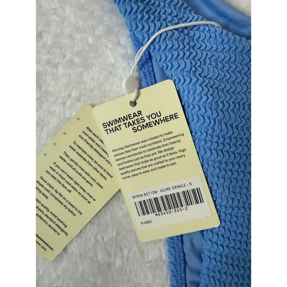 Monday Swimwear Byron Bottom Azure Crinkle Blue High Cut Bikini Bottom S NWT
